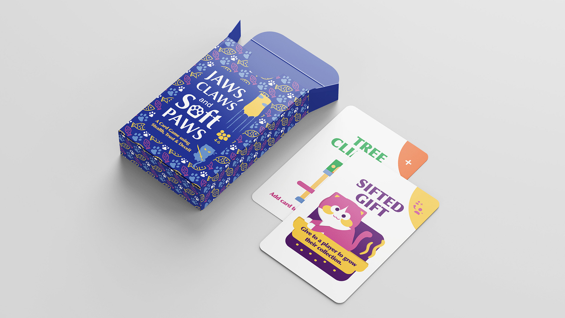 Mockup with game box design, and two-card spread.