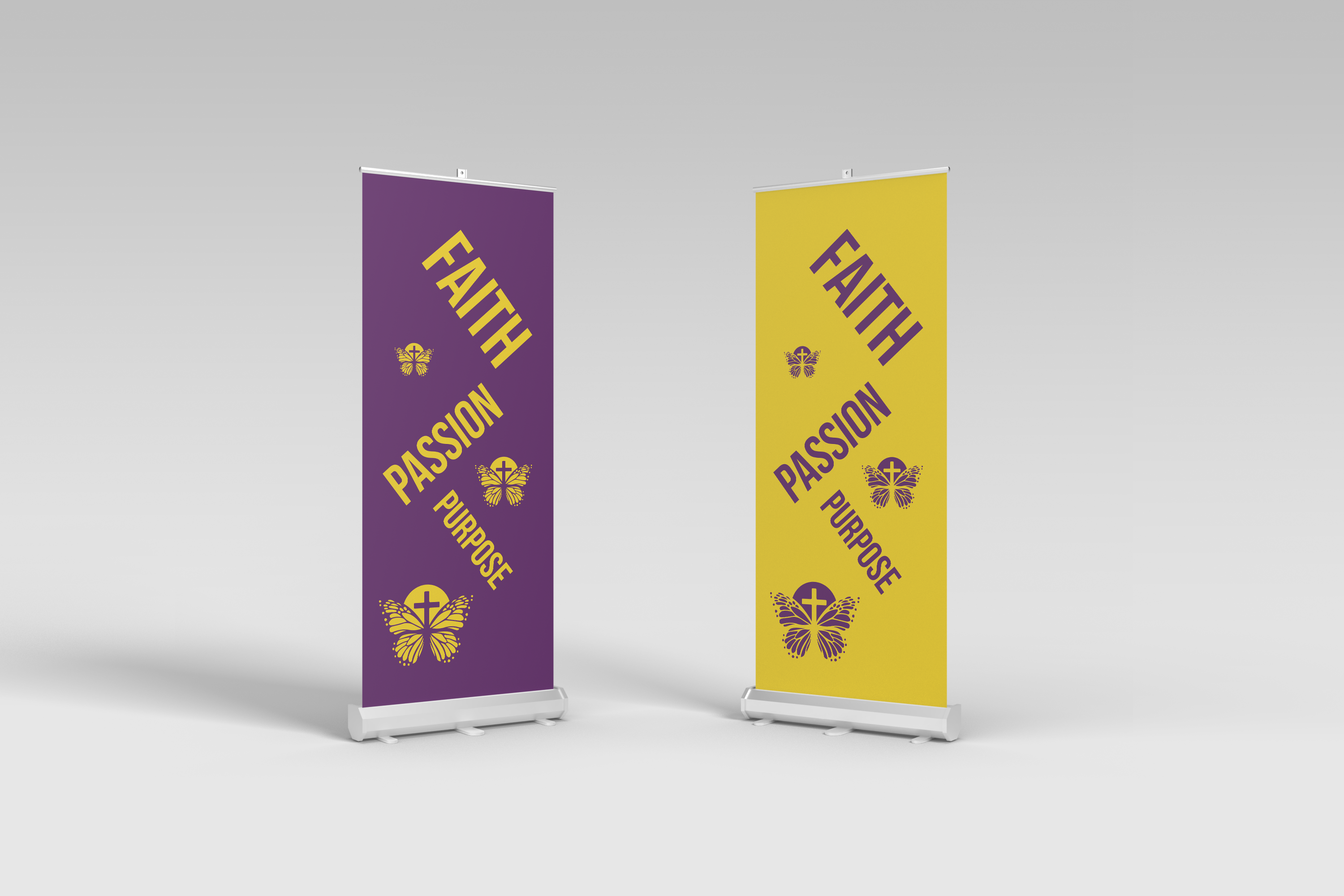 Two vertical-standing banners with church slogan and logo.