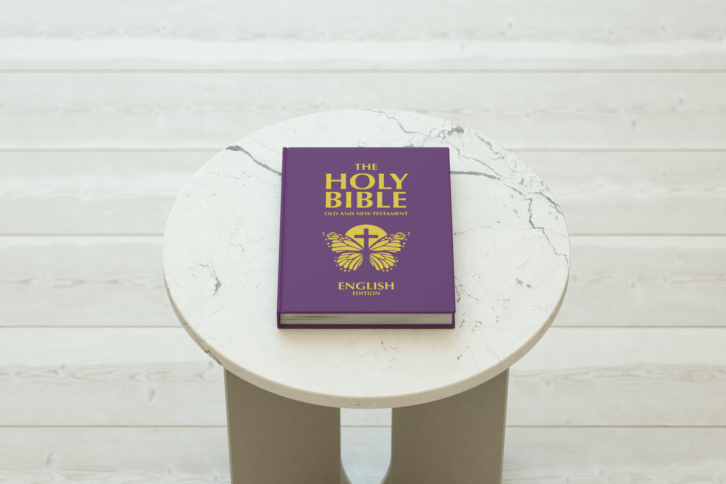Mockup of a branded hard-cover bible on mini table.