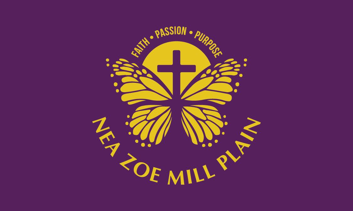 Church Logo with Slogan in Gold on Purple Background.