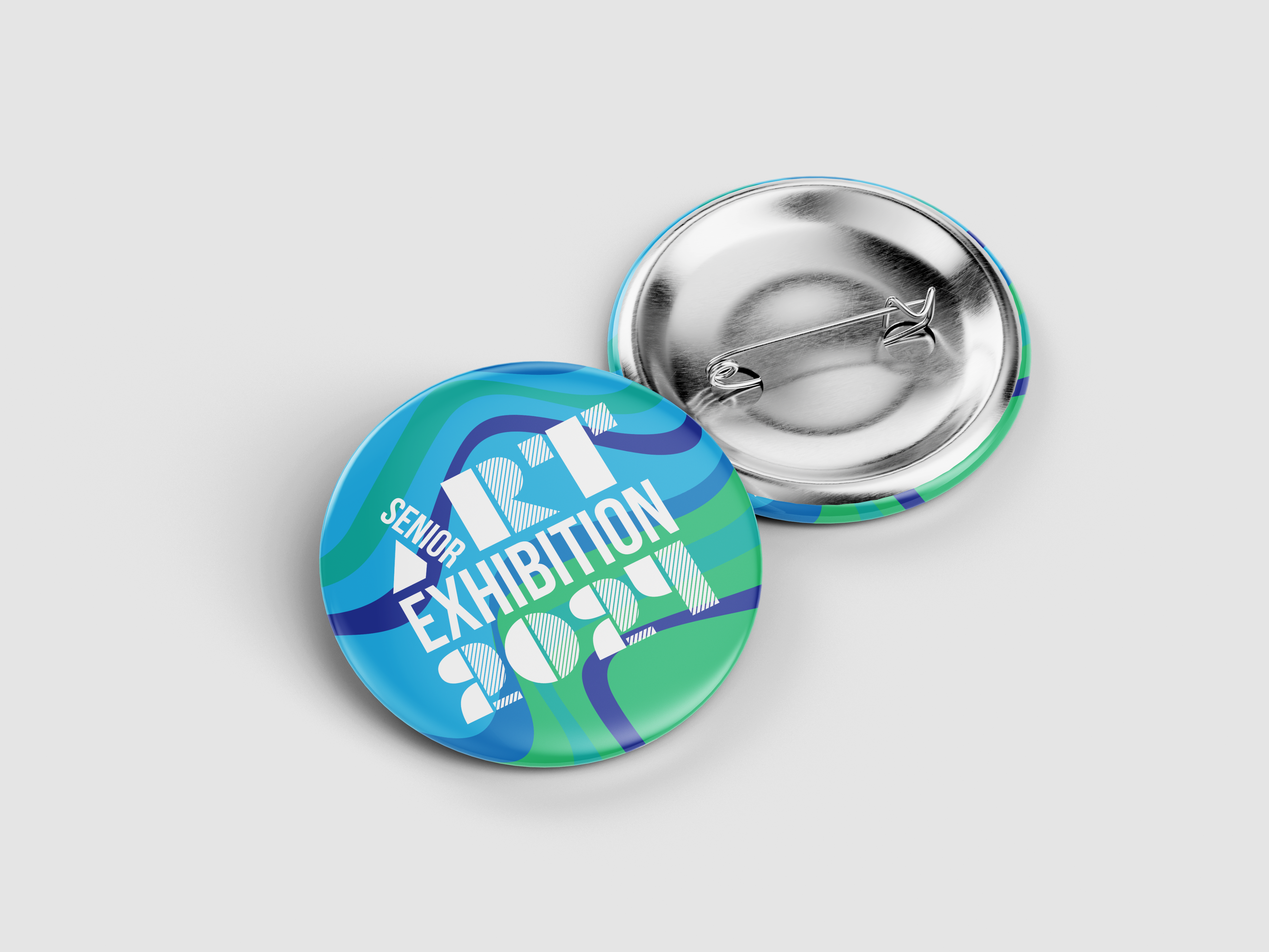 Branded pin mockup for students who have work on displayed at the event.
